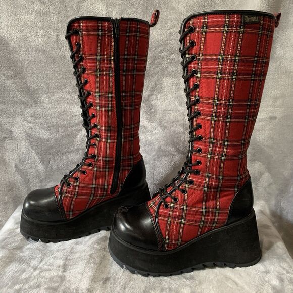 Demonia Women's 3.5" Platform Boots Size 7 Scene 100 Red Tartan Plaid 15” Tall - Picture 6 of 16
